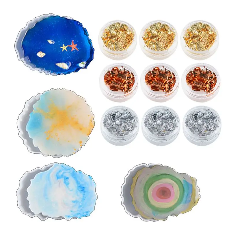 

4Pcs Irregular Wave Shape Silicone Geode Coaster Resin Molds for DIY Making Resin Coaster Molds Contains Foil Flakes