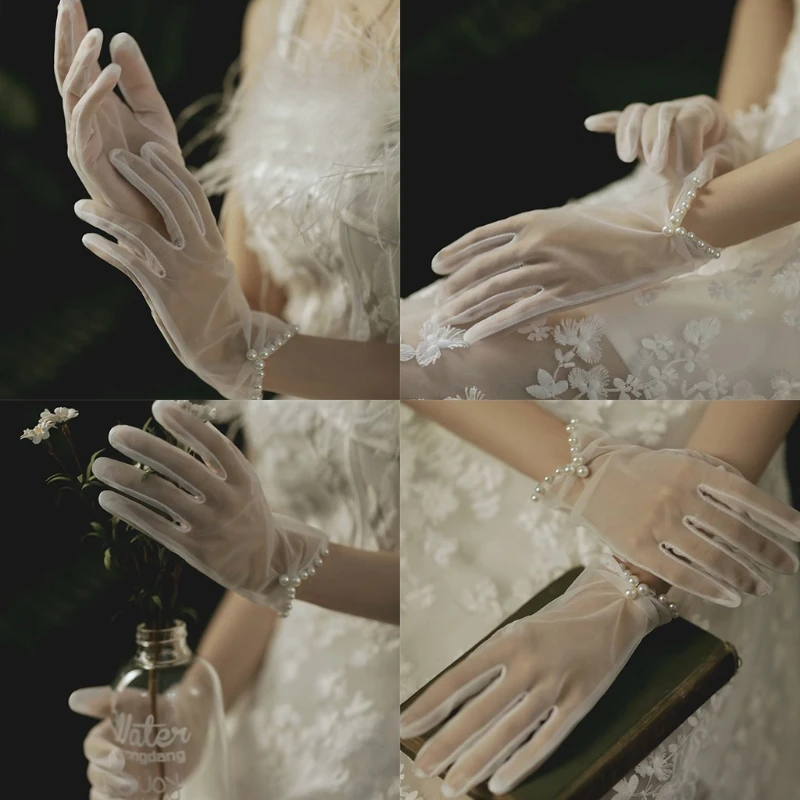 

Women Short Sheer Wedding Gloves Pearl Patchwork Sunscreen Bridal Mittens