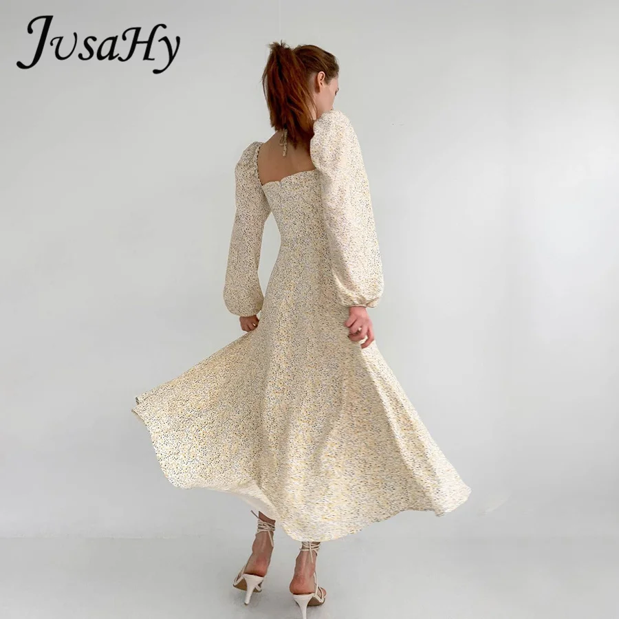 

JuSaHy Elegant Flower Print Maxi Dress for Women Autumn Bohemina Style Fairy Lantern Sleeves Halter Slit Slim Casual Streetwear