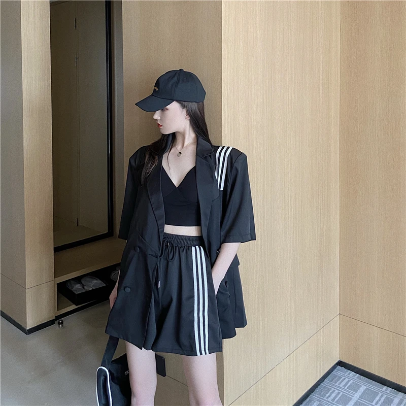 

Two Piece Set Women Striped Splice 2 Pieces Elegant Sports Blazer And Shorts Coat Woman Sexy Chic Suit 2021 Summer Clothes