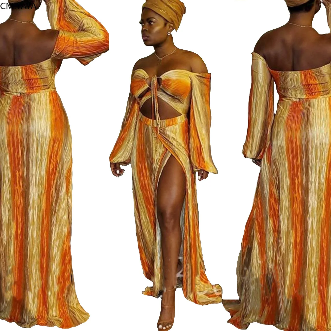 Женское летнее платье-макси с разноцветным принтом в полоску открытыми плечами