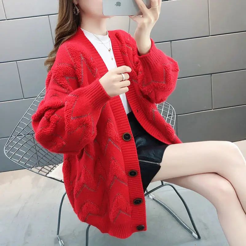 

Женский вязаный кардиган с V-образным вырезом, свободного покроя