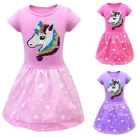 girls short sleeve print dress cute solid cotton round neck unicorn top embroidery casual loose mesh skirt summer fashion