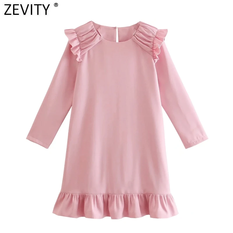 

ZEVITY Women Sweet Shoulder Pleats Agaric Lace Design Casual Pink Dress Female Chic Hem Ruffles Mini Vestidos De Mujer DS9014