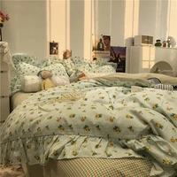 2021 fashion simple 100 cotton bedding set light green with yellow flower spring comforter bed set for girl students