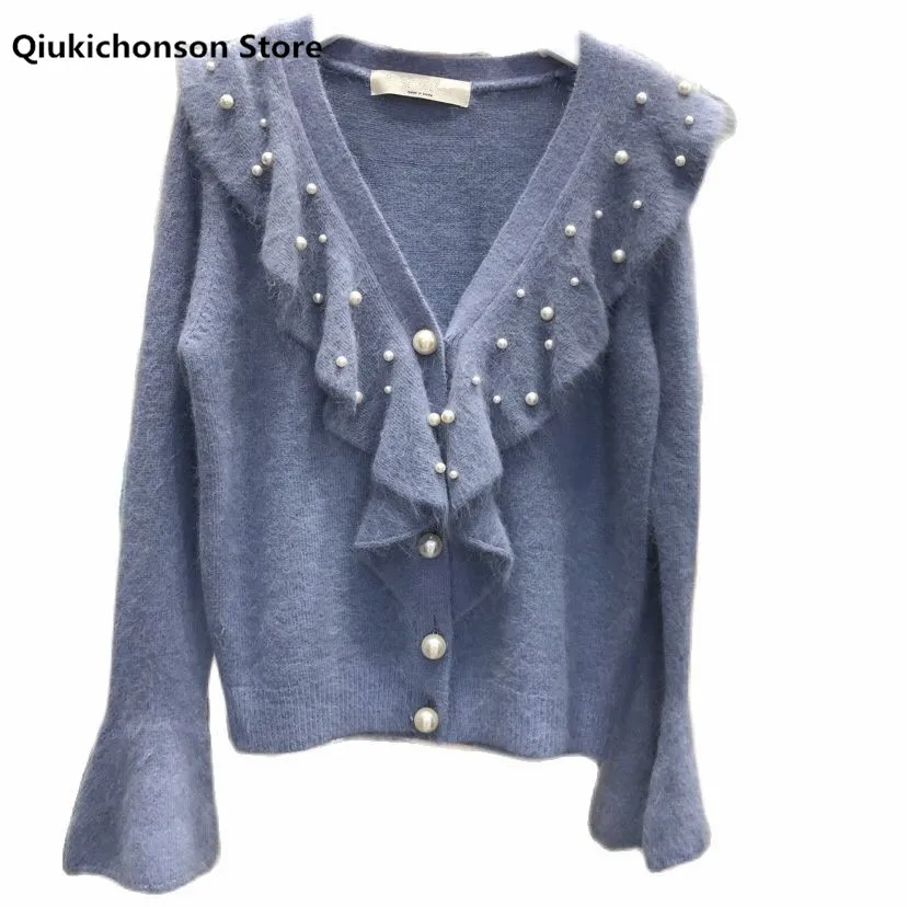

Autumn Winter Women Mink Cashmeare Cardigan Knitted Korean Fashion Cute V-Neck Pearl Beading Ruffle Sweater Cardigan Coat