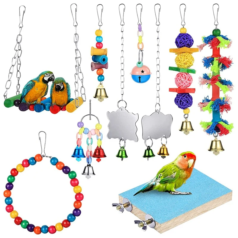 

10-Piece Set of Parrot Chewing Toy Bird Toy Parrot Hanging Swing with Mirror Random Color