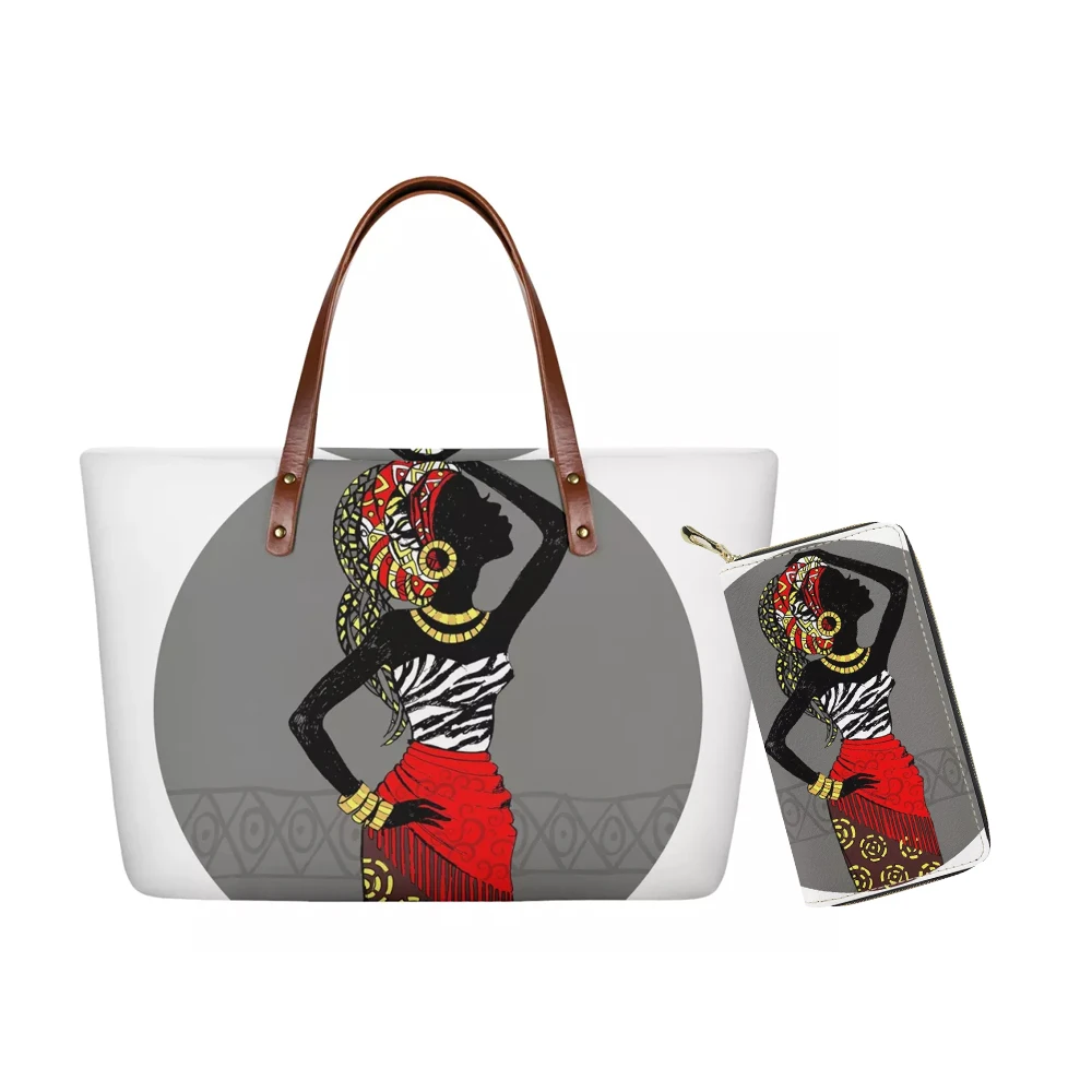 

Brand New 2pcs/set Black Women Art African Girls Printed Custom Handbags&Purse Ladies Travel Beach Bag for Females Shoulder Tote