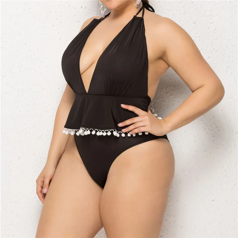 

Plus Size Bikini 2021 Sexy One Piece Bikini Solid Color Deep V-Neck Ruffle Tassel High Waist Swimming Suit for Women K