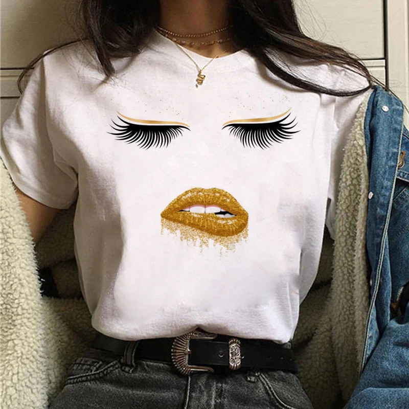 

WVIOCE Gold Eyelashes Lips Female T-Shirt Women T Shirt 90s Aesthetic Clothes Harajuku Female T-shirt Women Kawaii Top 27191