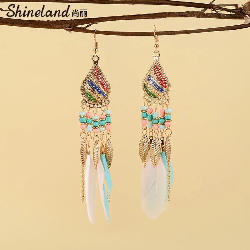 

Shineland Vintage Ethnic Bijoux Women's Colorful Beads Feather Dangle Earrings Bohemia Long Leaf Tassel Brincos Tibetan Jewelry