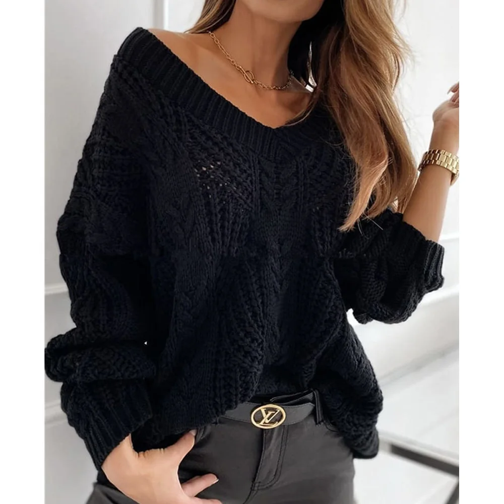 

Sexy Hollow Out Sweater 2021 Winter Chic New Solid Ribbed Knitted Casual Loose Tops Women Long Sleeve Patchwork V Neck Pullover