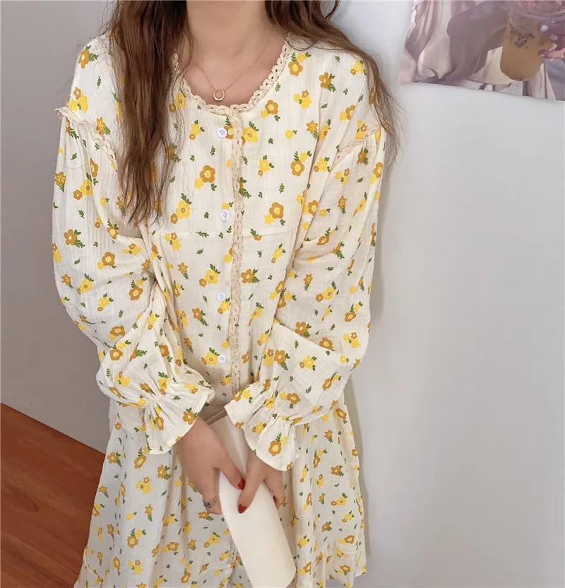 

Alien Kitty 2021 New Floral Printing Cotton Nightdress Sweet Soft Casual Homewear Lace Dress Loose Soft Fashion Pajamas
