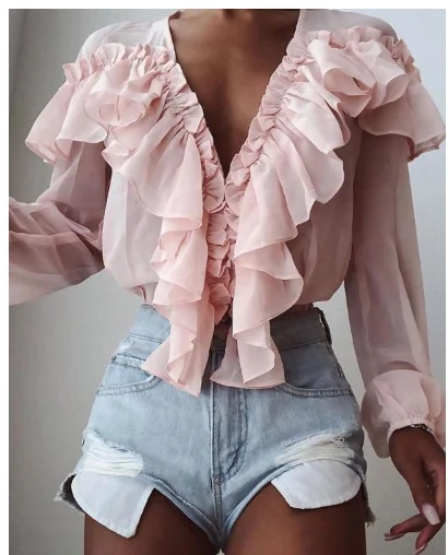 

Women Solid Color Deep V-Neck Ruffle Long Sleeve Blouse Ladies Sexy Tops Blouse