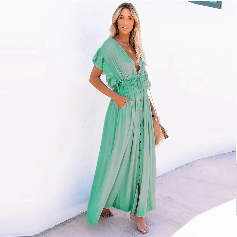 

Женское однотонное платье-туника, платье-накидка, сексуальная Длинная пляжная одежда с глубоким V-образным вырезом и вырезами, женский купа...