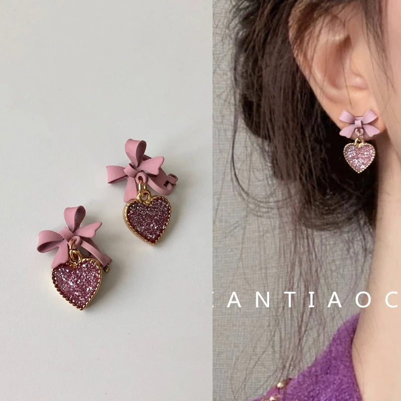 

2020 New Korean style Purple Bow Sequin Love Heart Clip on Earrings Sweet Small Cute Heart-Shaped Clip Earrings without piercing