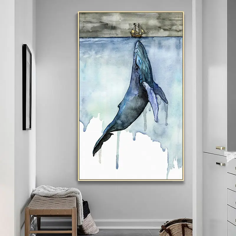 Красивый акварельный КИТ современное крыльцо фоновое украшение картина холст
