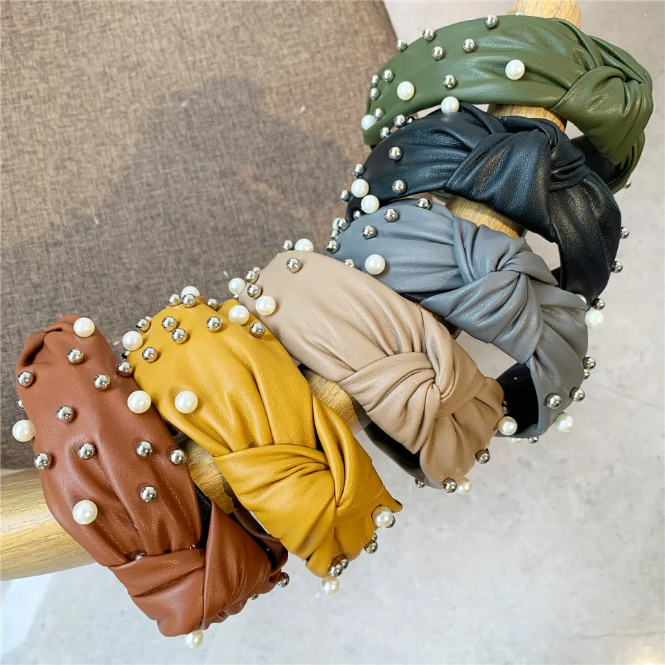 Новые женские элегантные кожаные ПУ ободки для волос с жемчужинами и поперечным