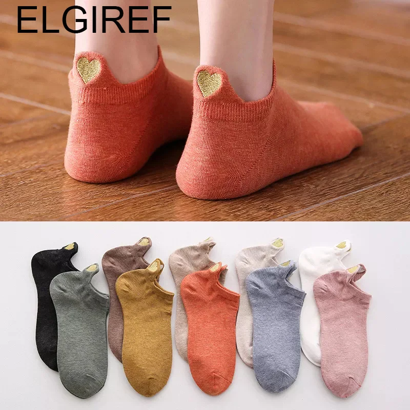 5 Pairs Lot Fashion Socks Women 2021 New Spring Cotton Color Novelty Girls Cute Heart Embroidery Casual Funny Ankle Socks Pack