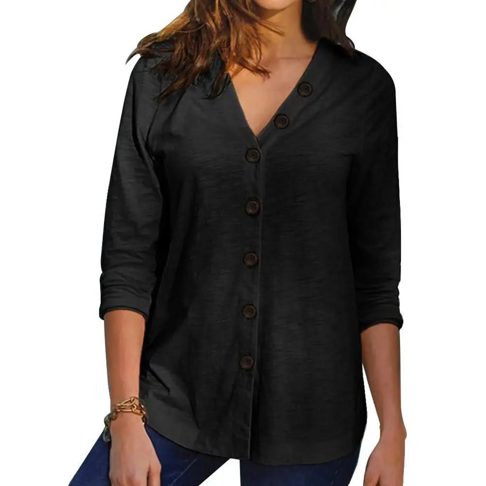 

80% HOT SALESï¼ï¼ï¼Women Casual Shirt Solid Color Long Sleeve V Neck Single-breasted Blouse Top
