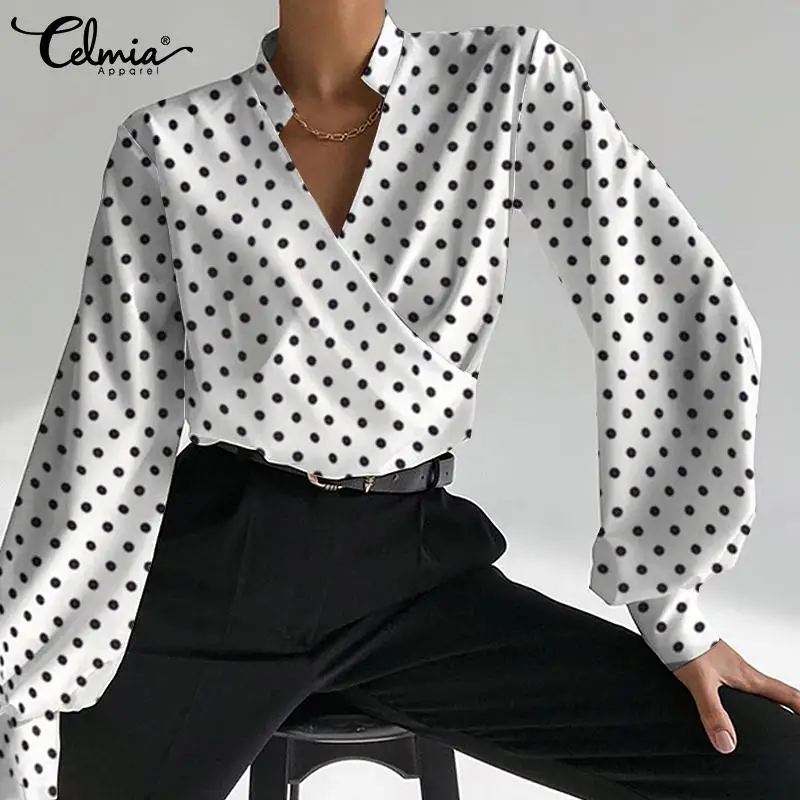 

Women Fashion Puff Long Sleeve Polka Dot Blouses Celmia Sexy V-neck Wrap Shirts Casual Loose Tops 2021 Autumn Elegant OL Chemise