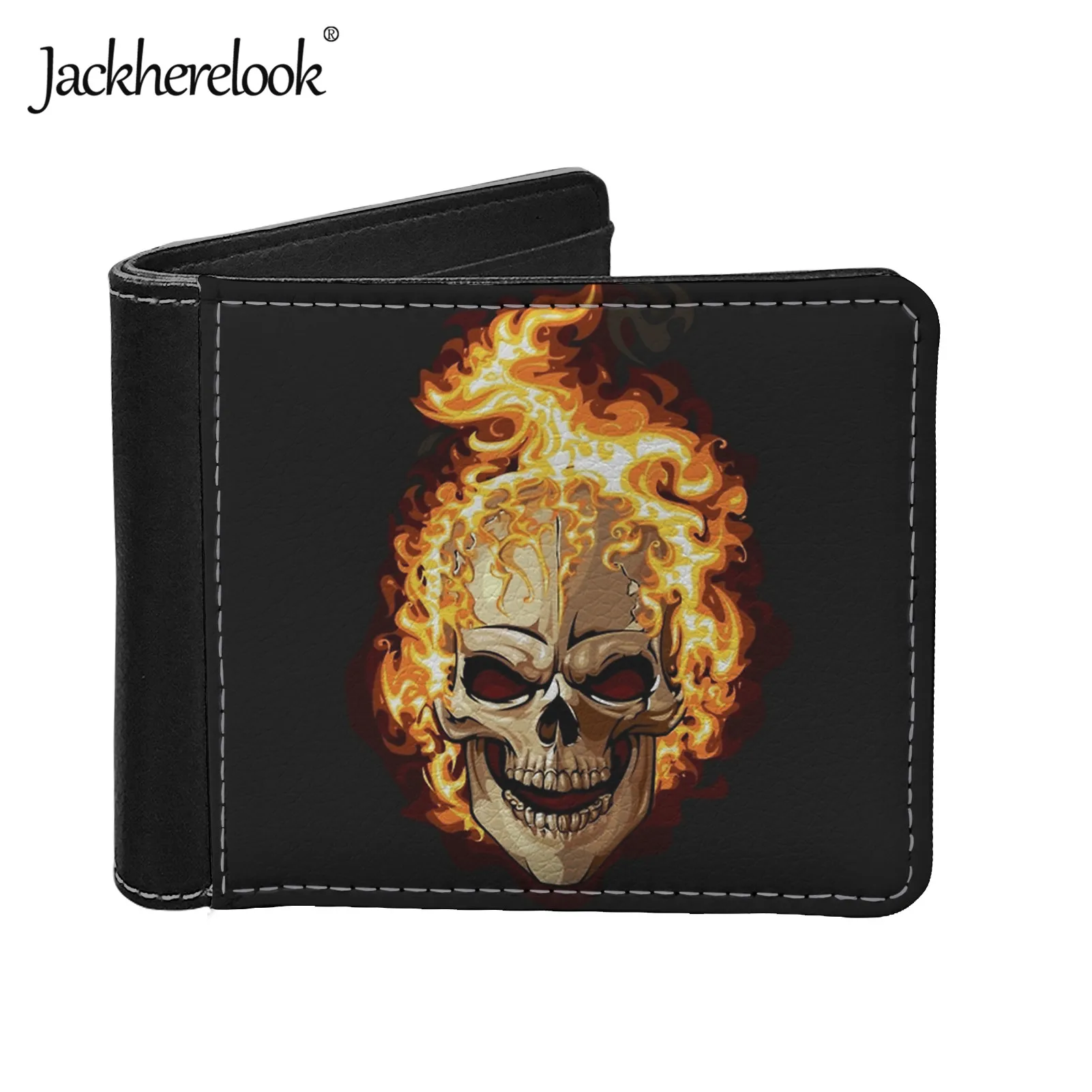 

Jackherelook Cool Burning Skull Design Card Holder Wallet for Men Luxury Leather Mens Moneyclip Wallet Small Coin Purse for Male