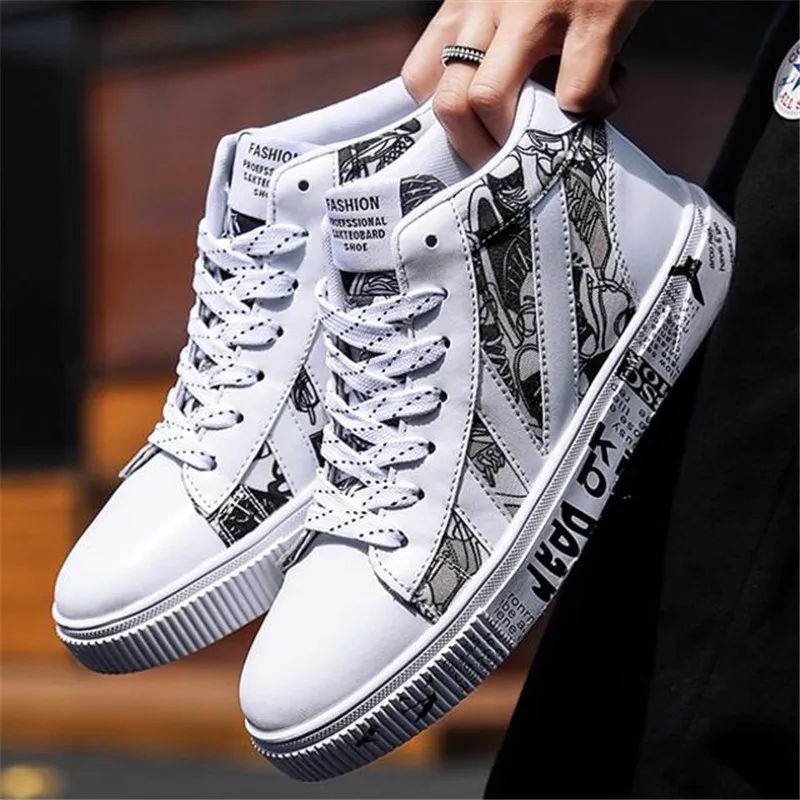 

Men's wild casual movement shoes spring and autumn flat men's white shoes classic retro graffiti letters ins trend board shoes