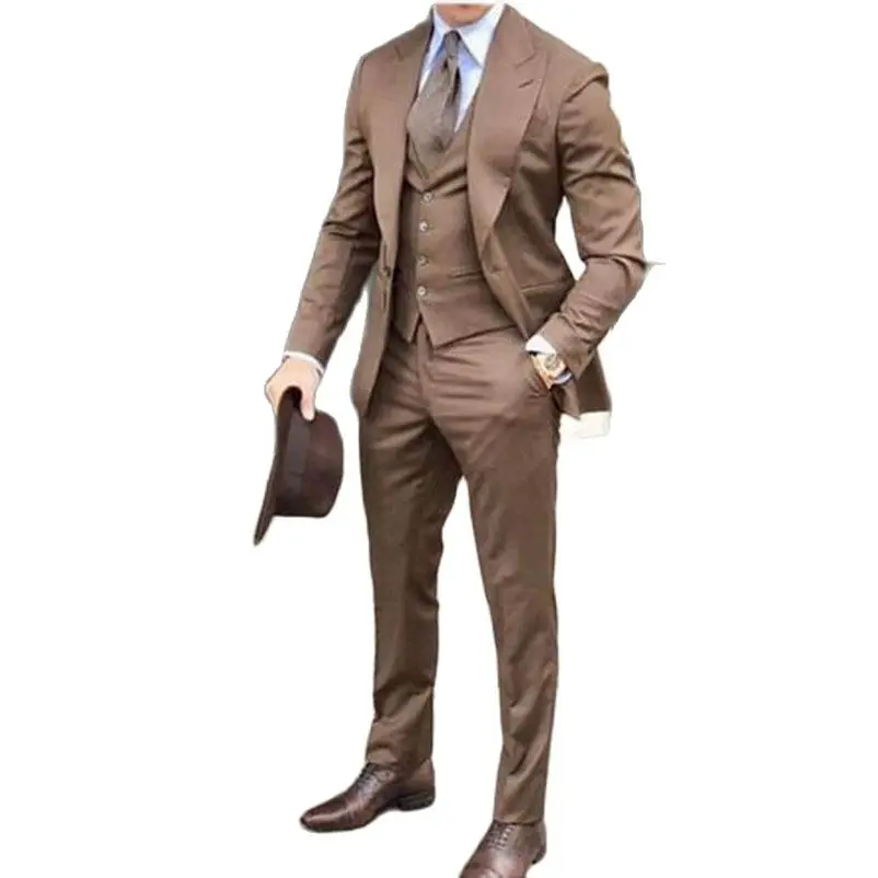 

New Fashion Khaki Men Suit 3 Pieces Formal Wedding Suits Slim Fit Groom Tuxedos Handsome Best Wedding Tuxedos (Jacket+Pant+Vest)
