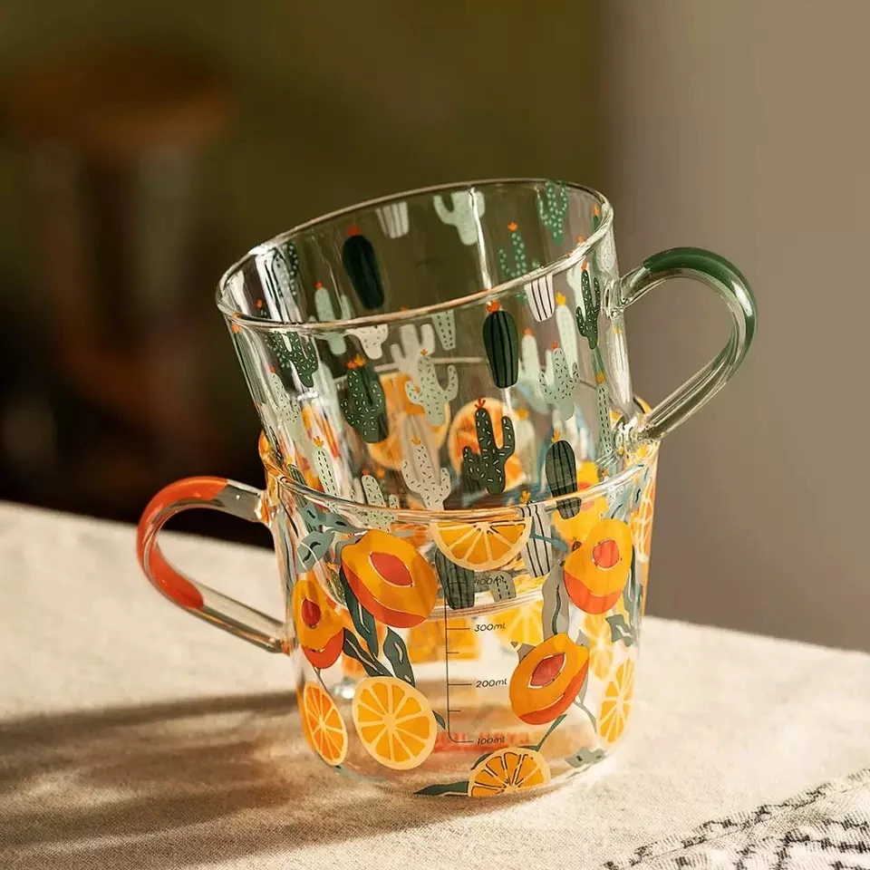 500ml Yellow Peach Cactus Glass Tea Milk Cups With Scale Coffee Mug Party Creative Drinkware Tumbler Water | Дом и сад