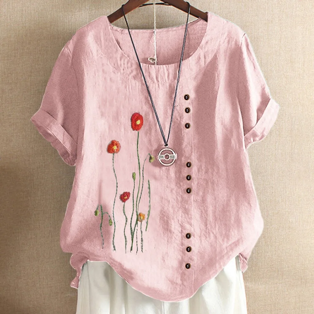 Женская рубашка на пуговицах с круглым вырезом и коротким рукавом | одежда