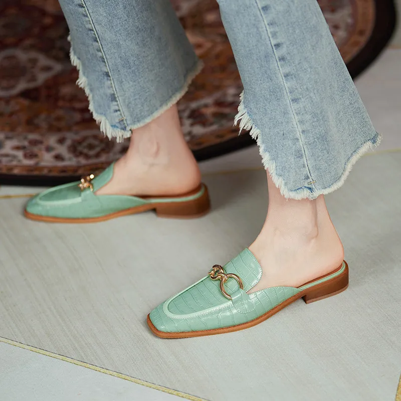 

Asumer 2021 Top Quality Genuine Leather Shoes Women Slipper Square Toe Metal Decoration Comfortable Flat Shoes Women Slipper