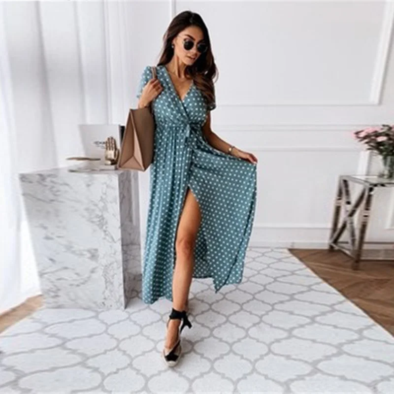 

Sexy Short Sleeved V-neck Dress Summer Bohemian Polka Dot Print Long Dress Holiday For Women Slim Bandage Dresses 2021 New