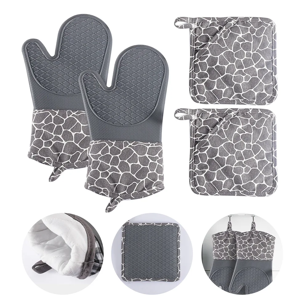 

Grilling For Kitchen Anti-scald Silicone Oven Mitts Set Heat Resistant Microwave Non-Slip Easy Clean Flexible