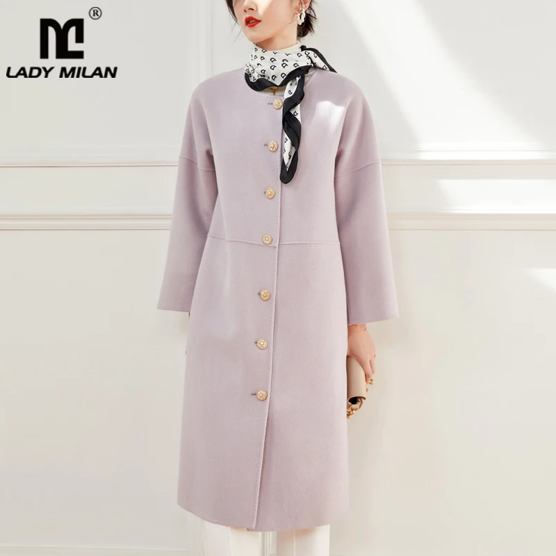 

Женское двубортное кашемировое шерстяное пальто с круглым вырезом, модное зимнее длинное пальто