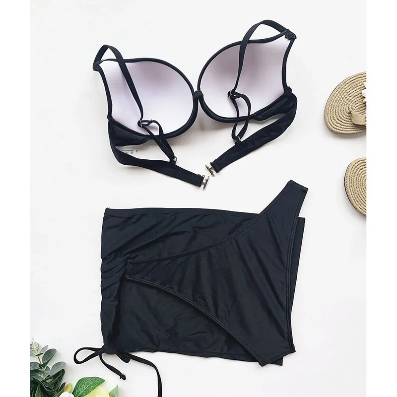 

INGAGA Sexy Three Pieces Swimsuits Women's Bikini Black Swimwear Women Push Up Bathing Suits High Cut Biquini Mesh Beach Dress