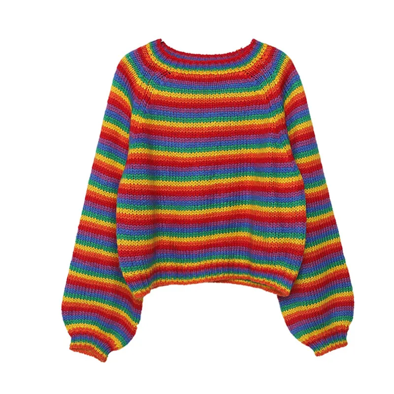 

Korean Style Women Knitted Sweater 2019 Autumn Winter Cute Striped Oversized Rainbow Sweater Pullover Knitwear pull femme T345