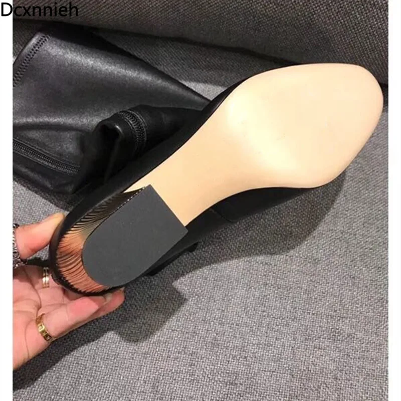 

Runway Knee High Boots Women Pointed Toe Western Long Boots Woman Sheepskin Leather Spike Heels Women's Winter High Boots Mujer
