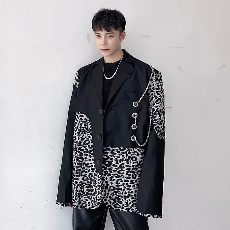 Men Leopard Splice Iron Chain Casual Loose Suit Blazer Jacket Male Streetwear Hip Hop Suit Coat Stage Fashion Show Clothing