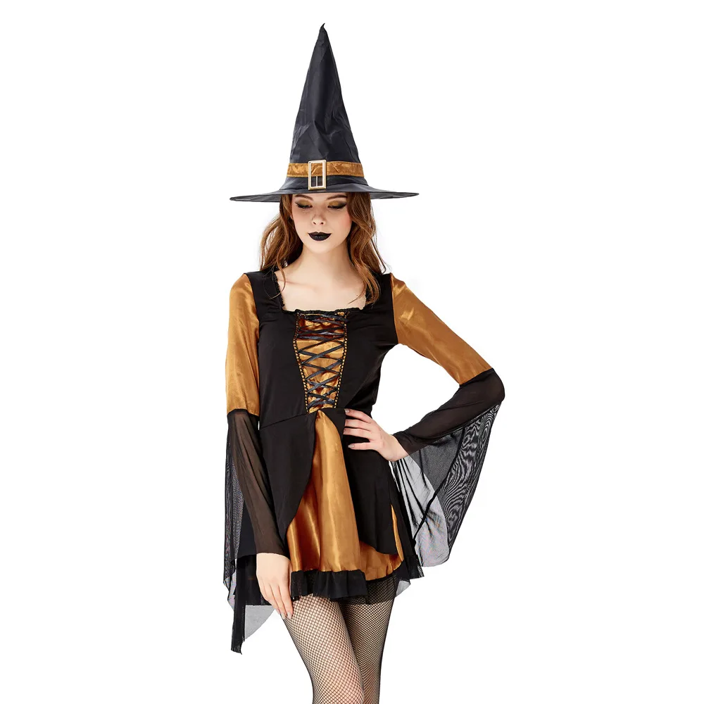 

Halloween Carnival Holiday Party Witch Costume Female Orange Witch Costumes Short Mini Dress Dresses for Women Adult