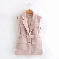 korean style casual lapel sleeveless pocket with belt chic female coat harajuku fashion single breasted womens jacket