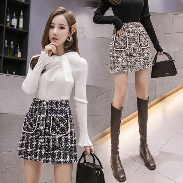 Твидовые женские юбки на осень и зиму новые клетчатые трапециевидные с высокой