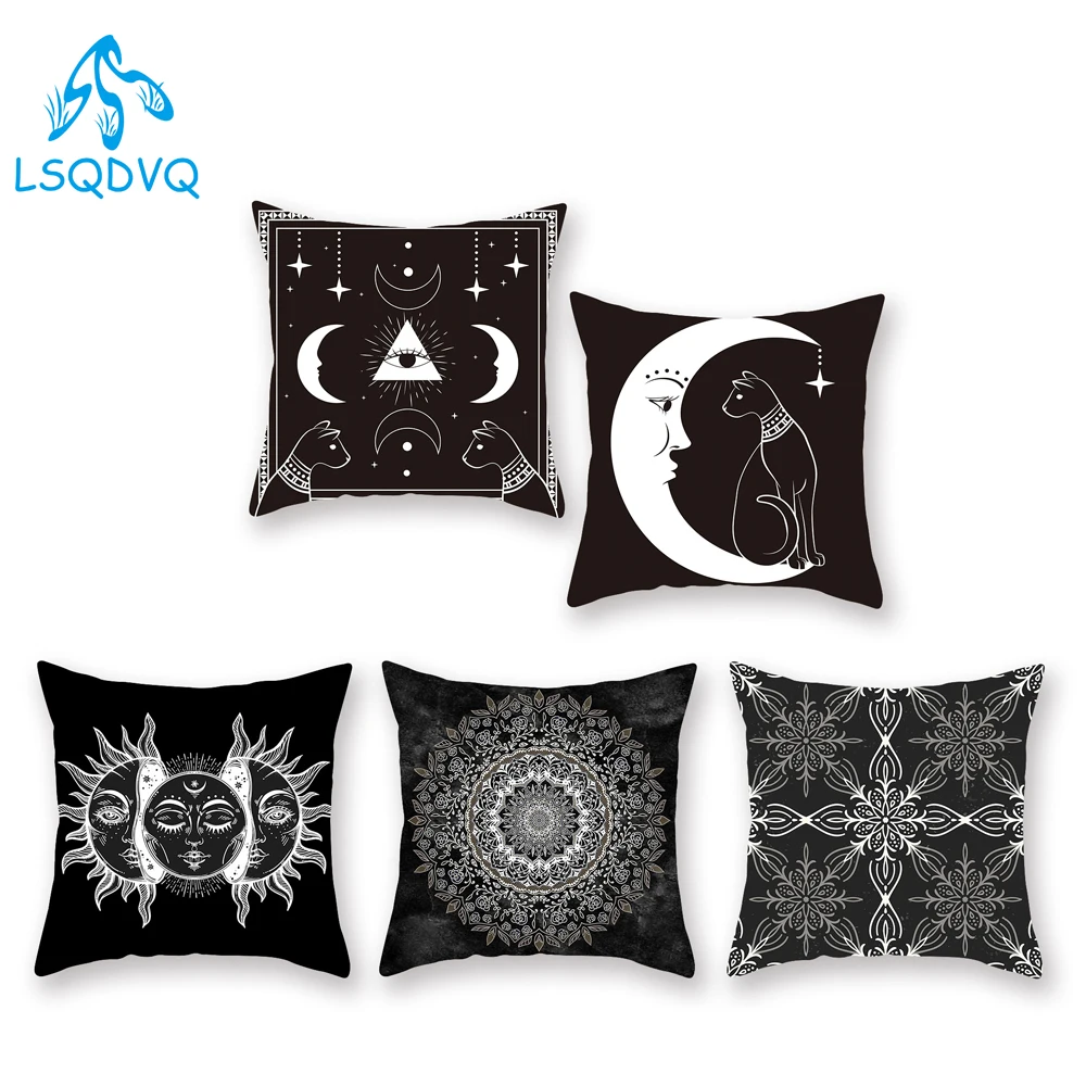 

Полиэстер черный, белый цвет Sun Moon с изображением цветка мандалы геометрически чехол для подушки наволочка для Гостиная украшения 45x45cm