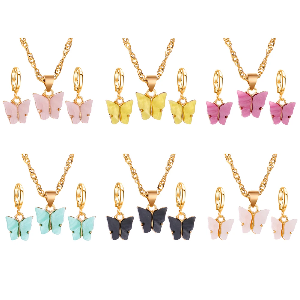 

3pcs Acrylic Butterfly Necklace Hook Earrings Exquisite Workmanship Wedding Jewelry Pendant Women Jewelry Gift Set