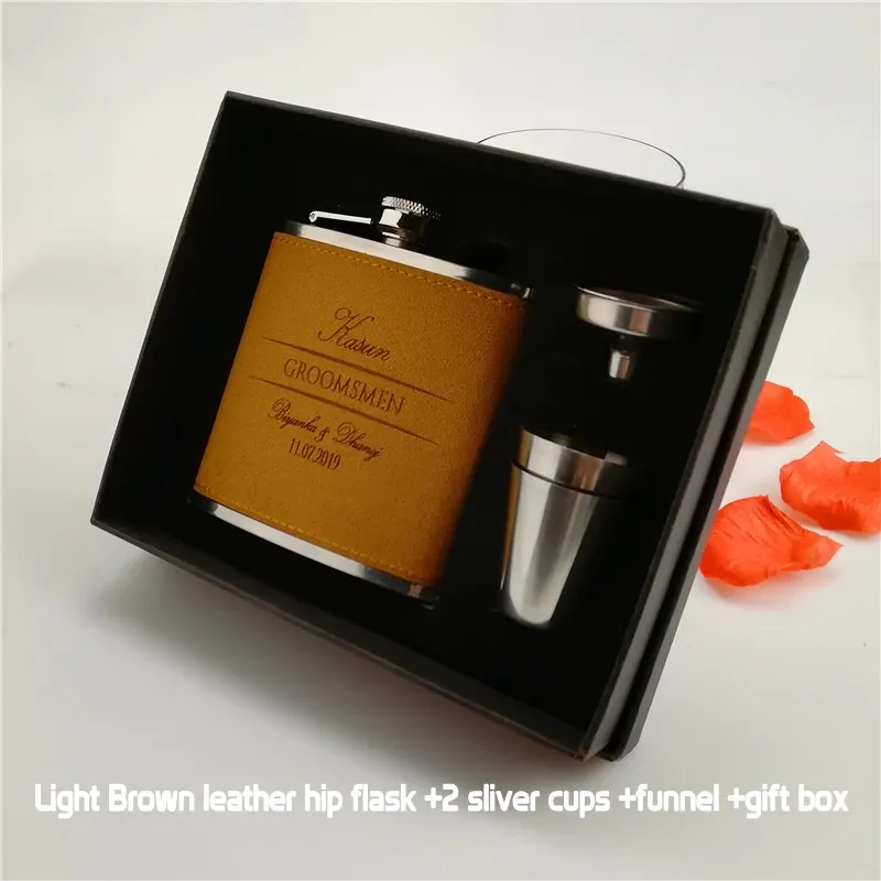 light brown gift box 6 унций коричневый кожаный фляжка хип фляжка, Персонализированная Выгравированная, жениха или шафера или лучшего мужчины подарок, подарок на день рождения - Цвет: light brown gift box