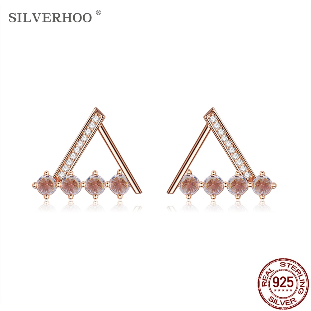 

SILVERHOO 100% Genuine 925 Sterling Silver Jewelry Geometry Triangle Stud Earrings For Women Shining 5A Cubic Zirconia Earring