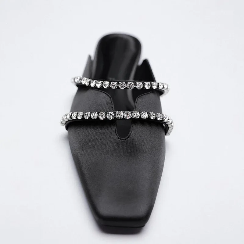 Женские мюли со стразами кожа без застежки плоская подошва удобные красивые