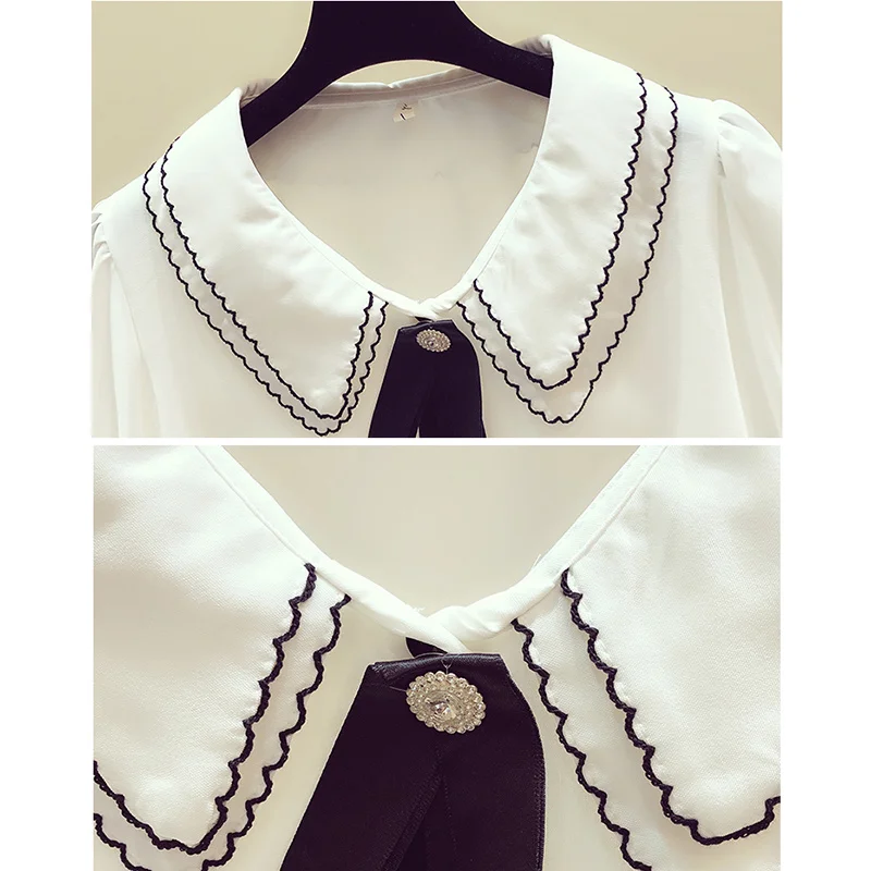 

Fashion Summer Plus Size Women Blouses Puff Short Sleeve Solid Chiffon Shirt Woman Double-Layer Collar Loose White Tops 14164