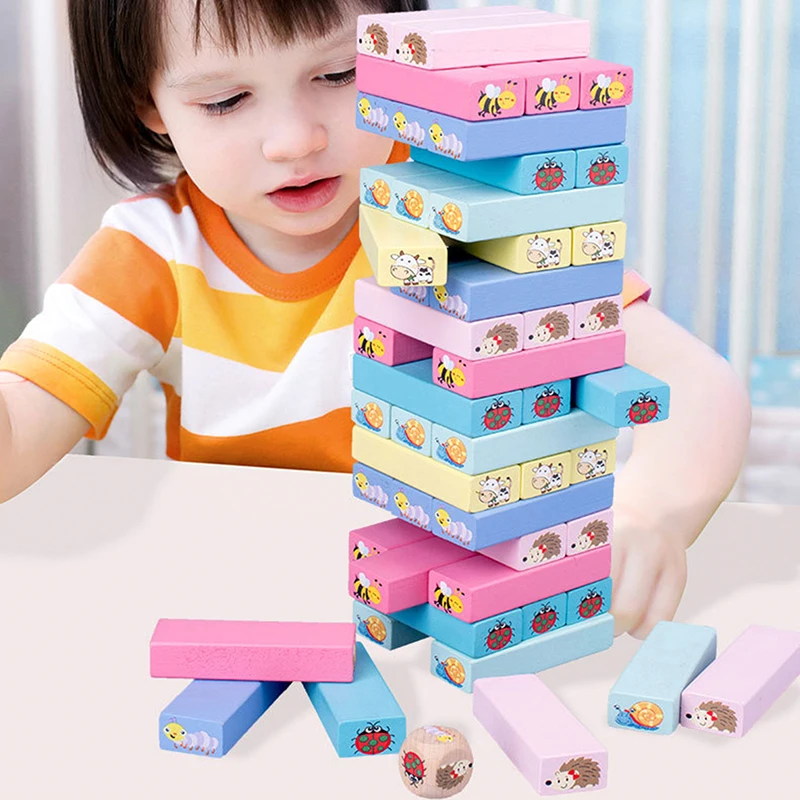 

51 Pcs/Set Kids Piling Building Blocks Colorful Beech Wooden Toys Tower Children Building Blocks Set Jenga Balance Training Game