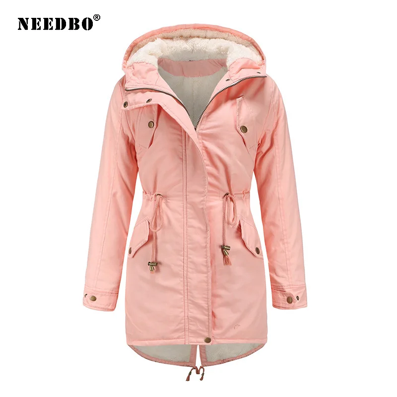 NEEDBO зимняя одежда Женское пальто одноцветное с капюшоном на завязках талии