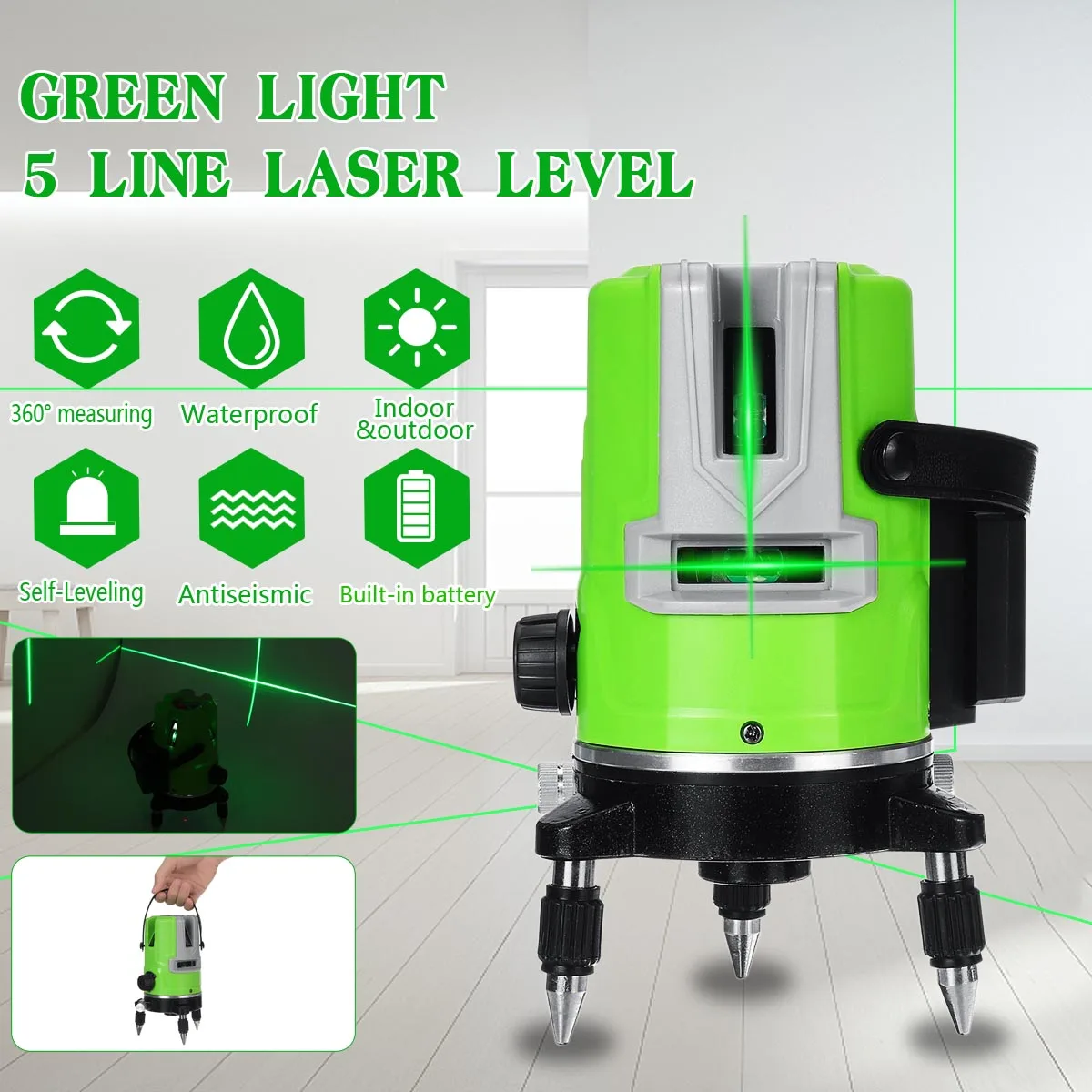 

5 Lines 3D Laser Level Green Beam Automatic Self Leveling 360 Rotary Vertical Horizontal Cross Line Level Measuring Instrument